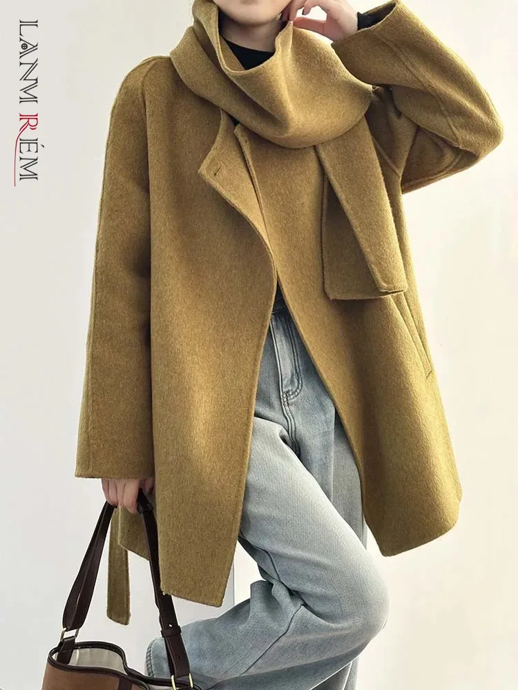 

LANMREM Korean Version Double-sided Scarf Woolen Coat For Women 2023 Winter New Single Button Belt Coats Trendy Clothing 2DA2931