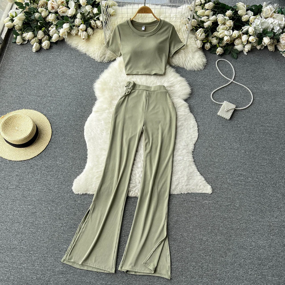 

Casual ssTss Women Summer Clothing Sets O Neck Short Sleeve Crop Top + Cut Out Elastic Waist Slit Leg Full Length Pants Suits