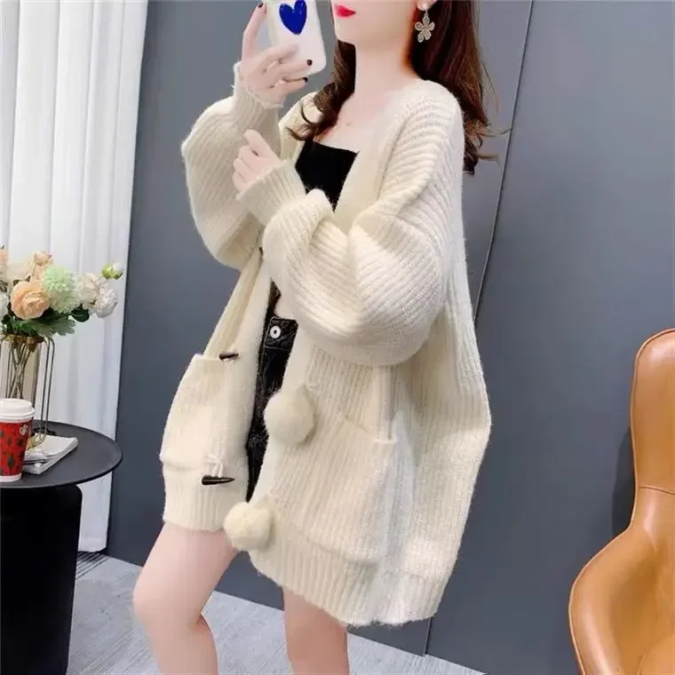 

Осенне-зимнее пальто, новый шерстяной свитер, кардиган для женщин средней длины, свободный и ленивый стиль, утолщенное вязаное пальто для женщин