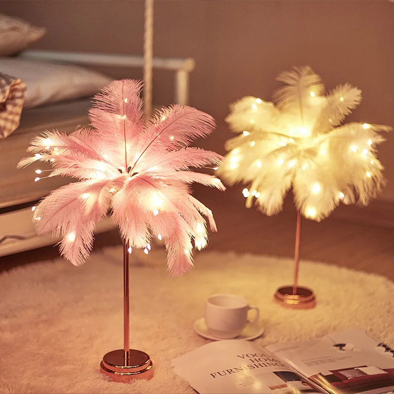 

Hot Diy Creatieve Veer Tafellamp Warm Wit Licht Boom Veer Lampenkap Meisje Led Wedding Decoratieve Verlichting Roze Verjaardag