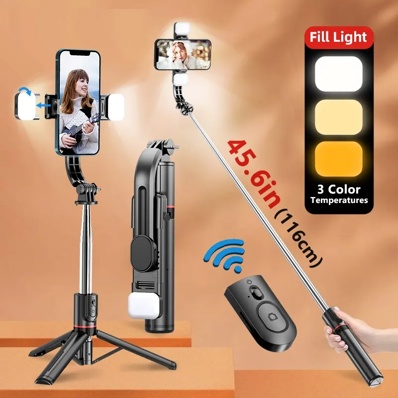 INRAM-Bluetooth Selfie Stick Double Fill Light Tripod With Remote Shutter For L13D Latest Hot 1160mm Extended VersionAndroid IOS