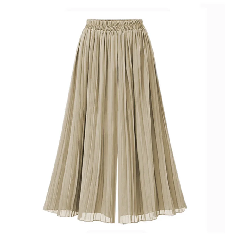Women's Summer Thin Chiffon Pleated Beach Pantskirt Solid Color Oversized High Waist Loose Casual Wide Leg Cropped Pants