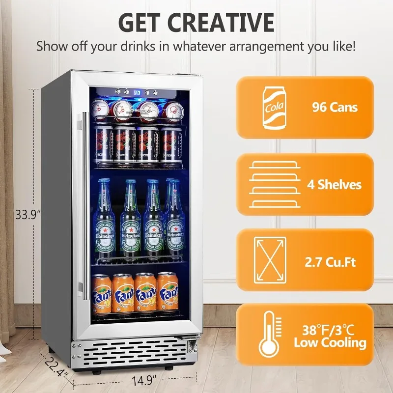 Beverage Refrigerator,15 Inch 96 Cans Beverage Cooler Small Wine Fridge Built-in or Freestanding with Auto Defrost,Glass Door 2