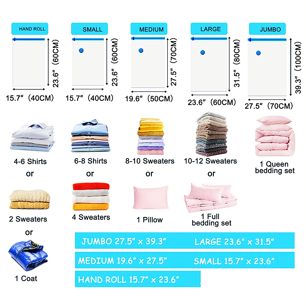 6 Combo Vacuum Storage Bags, Space Saver Bags (2 Jumbo/2 Large/2 Medium)  Compression Storage Bags for Comforters and Blankets, Vacuum Sealer Bags  for Clothes Storage, Hand Pump Included