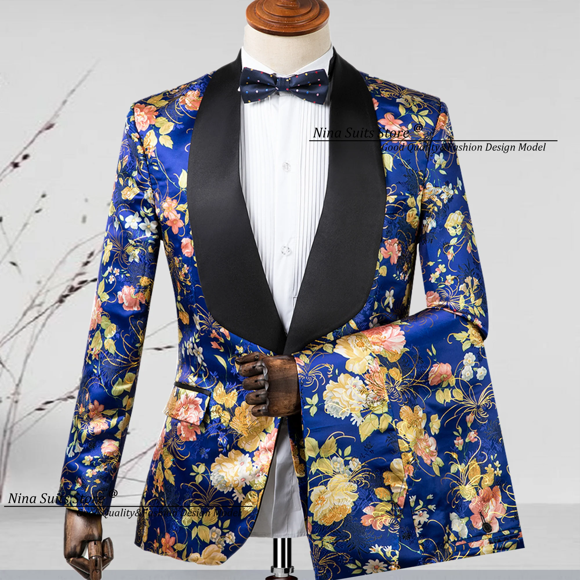 Male Suits Pink Peony Jacquard 2-piece Men's Party Tuxedo Single Breasted Black Satin Lapel Top and Pants mens suits