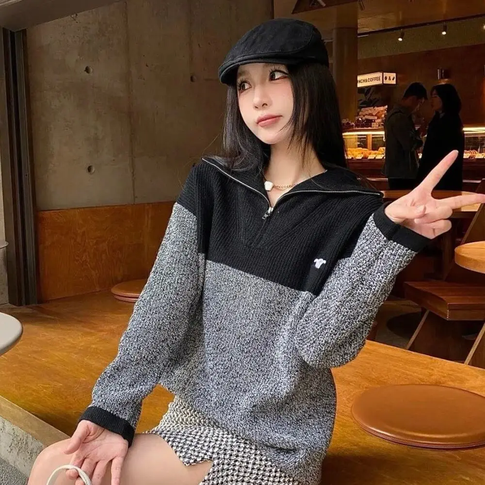 

Winter Slim Fit High Neck Knitted Sweater With Casual Fragrance Style Long Sleeve Zipper Panel Contrast Color Sweater For Women