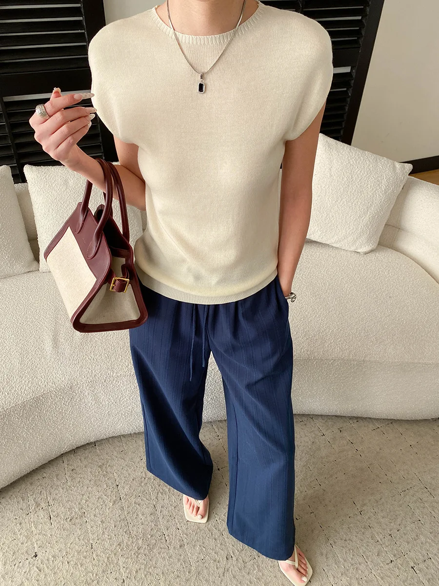 Frühlingshose für Damen, lässig, gestreift, hohe Taille, lockerer Schnitt, schlank machend, weites Bein – Detail 10