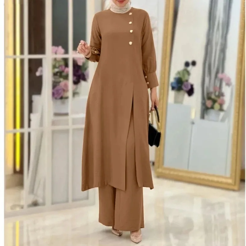 

2024 Muslim Women's Wear Two-Piece Fashion Elegant Solid Color Side Slit Long Shirt Wide Leg Pants Robe robe abayat