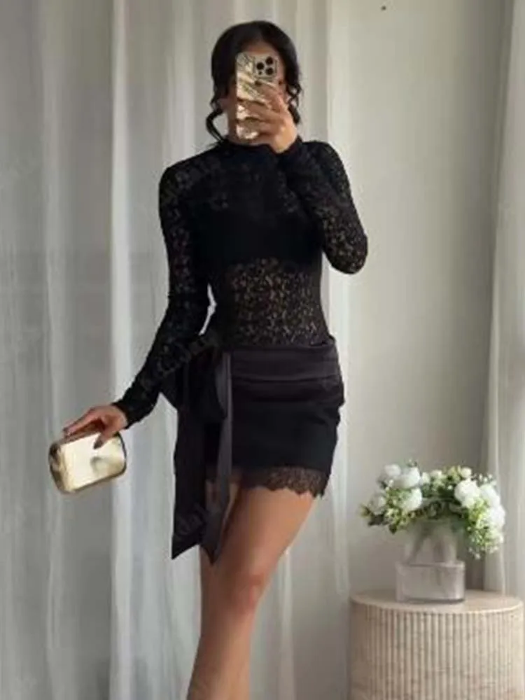Chic Fashion Bow Splicing Lace Mini Skirts Two Piece Sets For Women 2025 New Bodysuits Top Women's Suits Elegant Woman Outfits ﻿