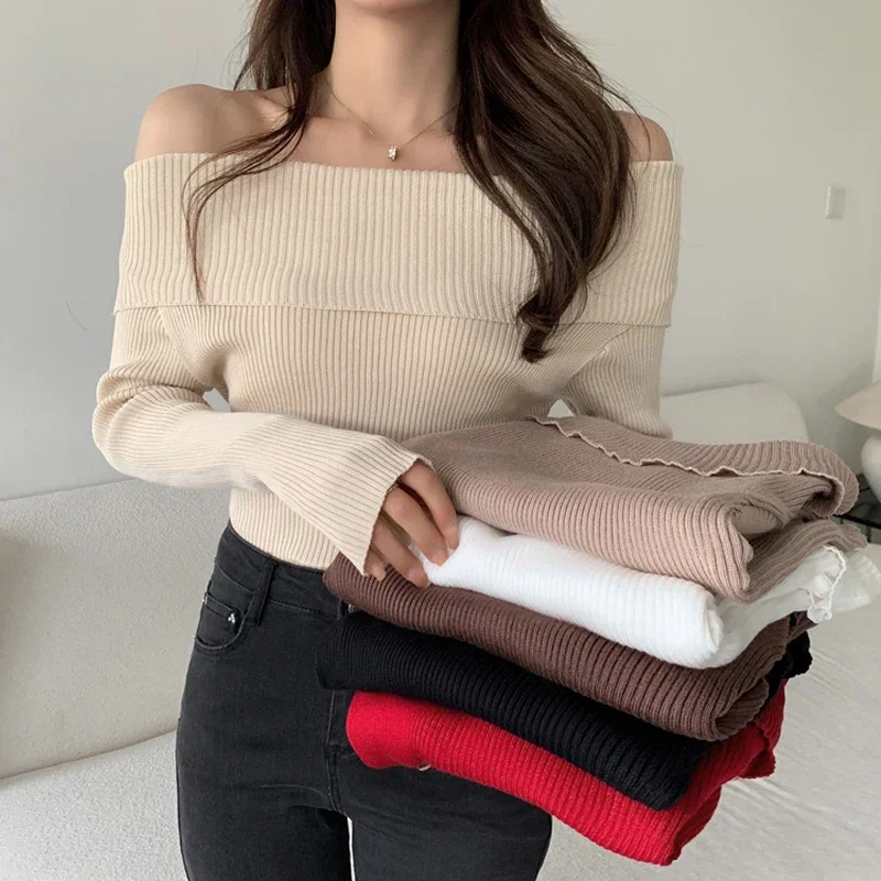 Elegant Long Sleeve Women Pullover Sweater 2023 Off The Shoulder Knitted Base Tops Jumper Autumn Casual Slim Fit Sweaters 29330