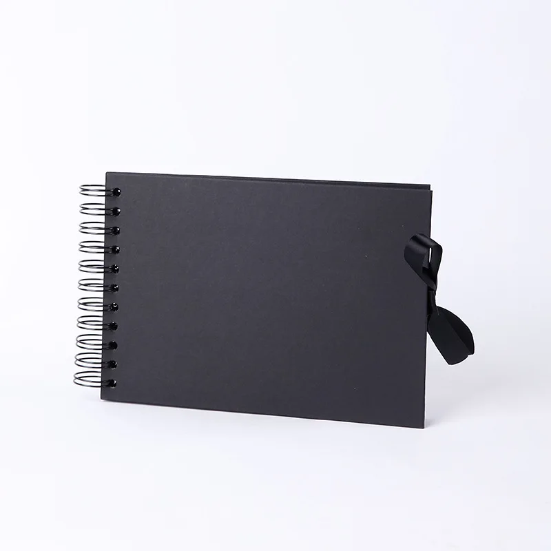 A5 스파이럴 DIY 스크랩북 앨범 (검정색 카드보드 속지, 리본 장식 포함) 사진 기록 및 선물용으로 이상적