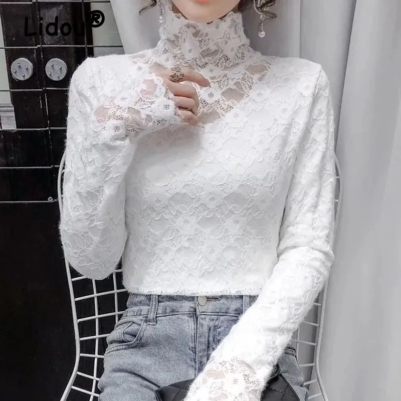 

Half High Collar Lace Base T-Shirts Plush Thicken Hollow Out Ladies Elegant Slim Solid Long Sleeve Tops White Autumn Winter 3XL