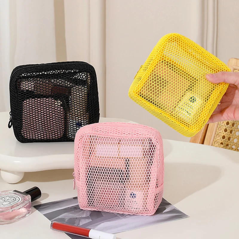 Square Mesh Cosmetic Bag Portable Lipstick Cosmetic Storage Bag Zipper Multi-purpose Sundries Storage Student Case