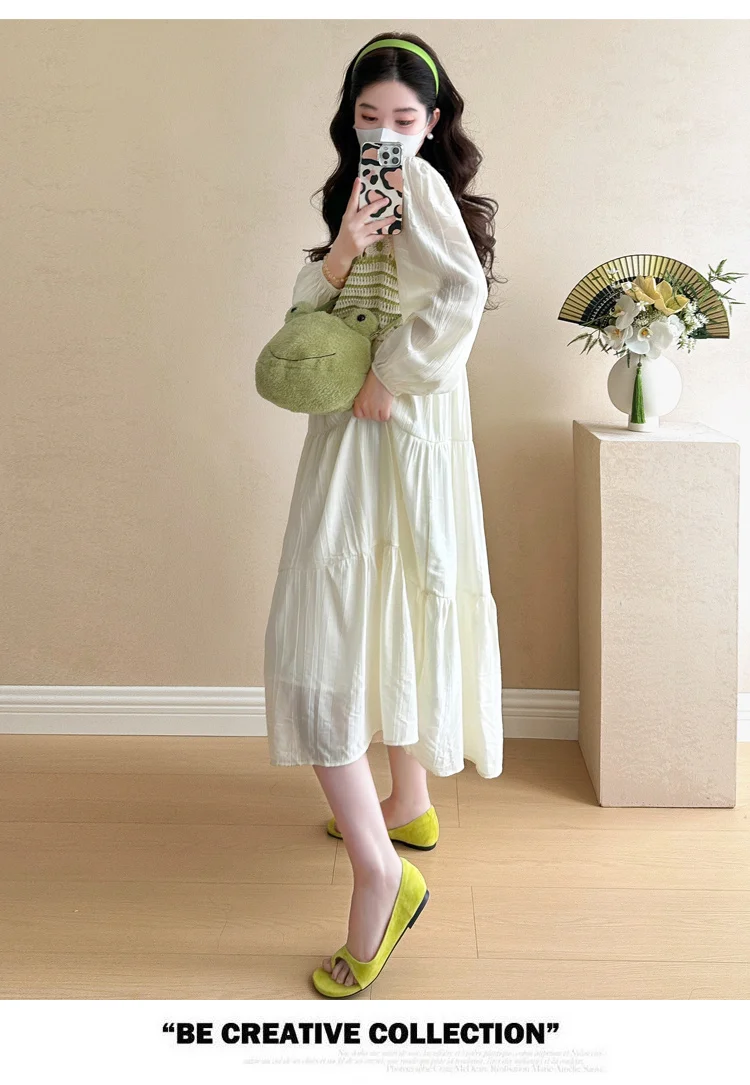 Korean Style Pregnant Woman Dress Suits Fashion Striped Vest Long Sleeve Ball Gown Dress Twinset Plus Size Maternity Clothes Set