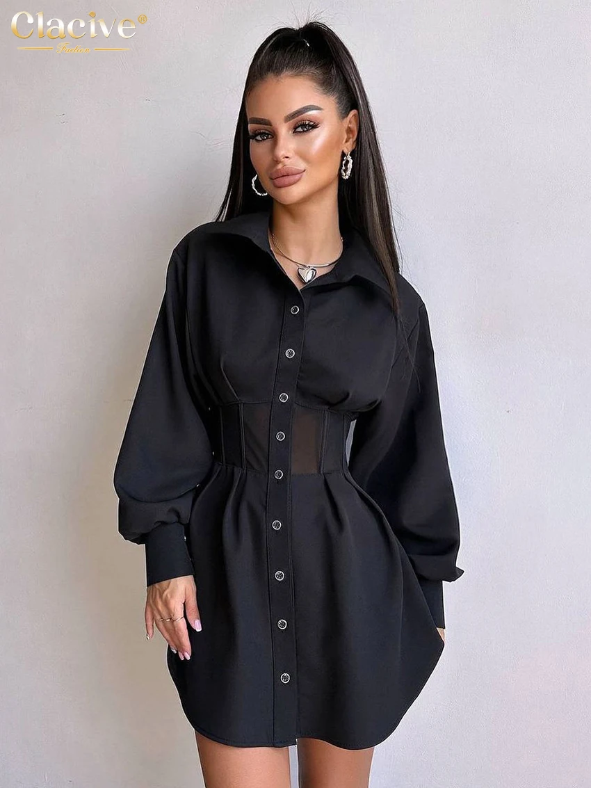 Clacive Fashion Loose Black Office Women's Dress 2025 Elegant Lapel ...