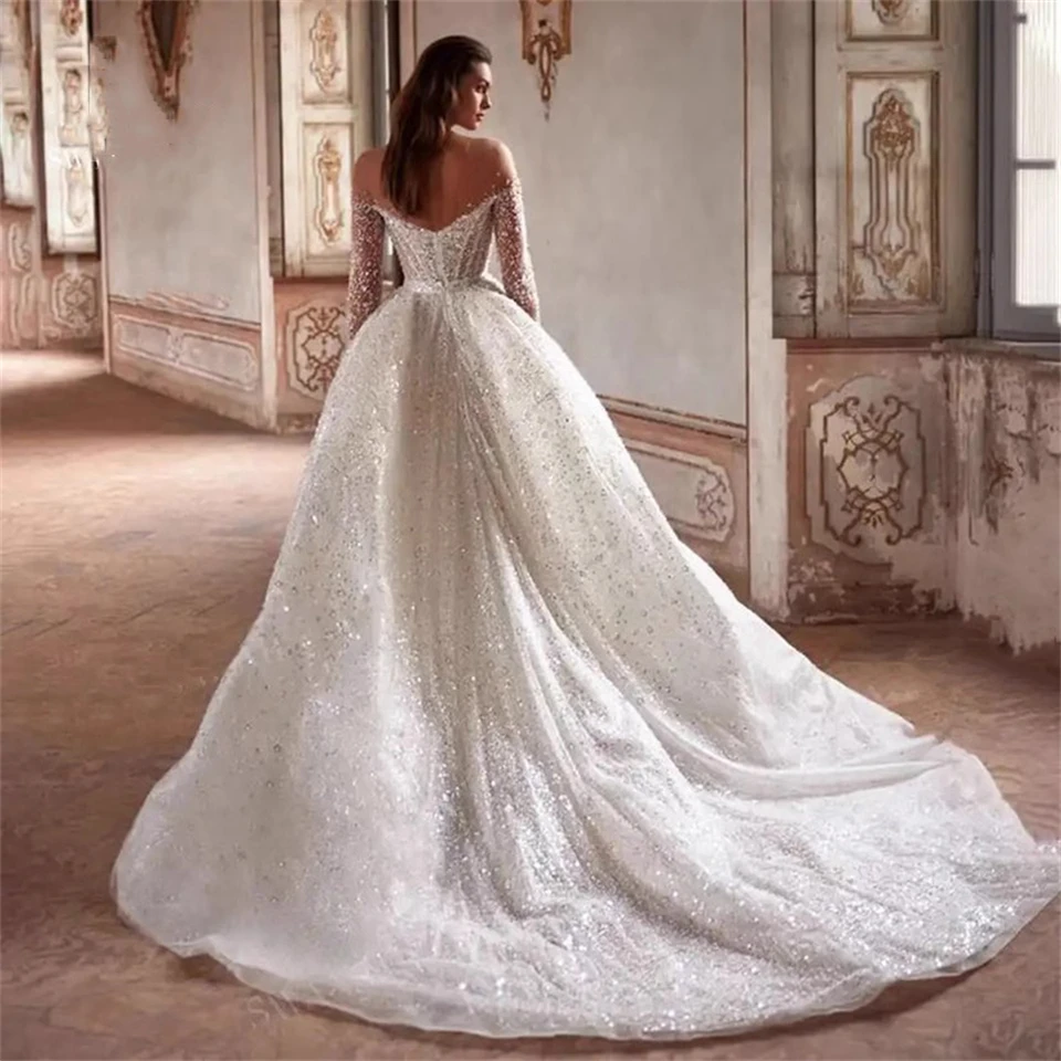 Luxury Glitter Boat Neck Crystal Beading Ball Gown Wedding Dresses For Women 2024 Court Train Bridal Gown Vestidos De Novia