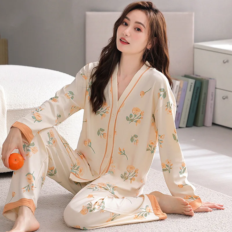 Spring Autumn Women's Milk Silk Pajamas Long Sleeve Cardigan Loose Fitting Home Clothing Set Cute Girl's Sweet Cartoon Sleepwear
