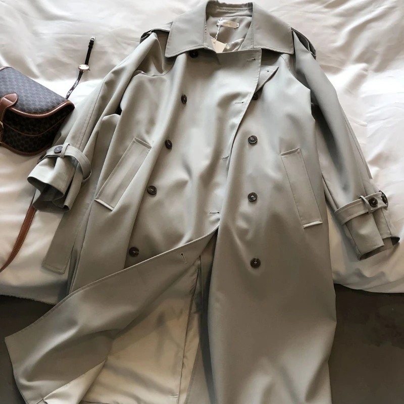 

Classic Khaki Long Trench Coats Women Oversize Korean Fashion Belt Windbreaker Fall Spring Overcoat Double Breasted Gabardinas