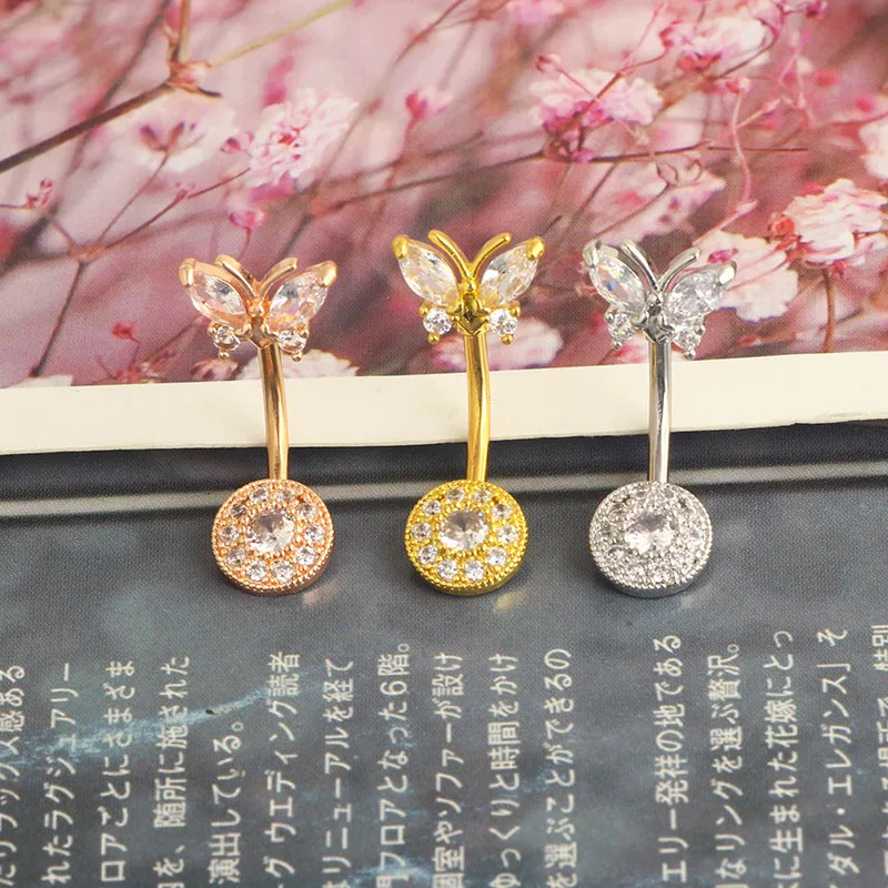 wholesales body piercing belly rings 3 colors butterfly dangle navel bar 14g belly button barbell set women fashion belly jewelr