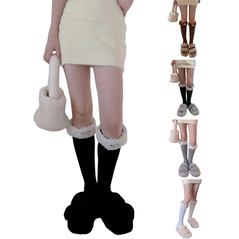 

Women Elegant Furry Trim Letter Label Winter Long Socks JK Girl Japanese Solid Color Ribbed Knit Knee High Boot Socks DropShip