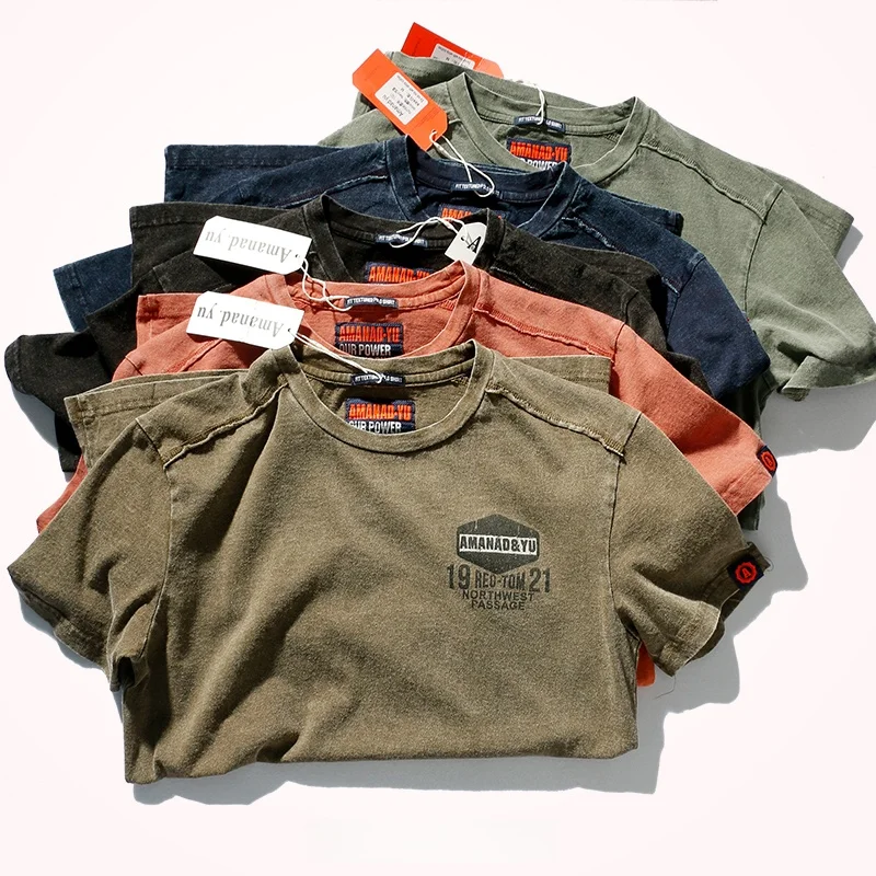 Faionable Briti Sle Men's T-irt ort Sve Cotton Waed Vintage round Ne Mid-Length Street Sle Summer Tee