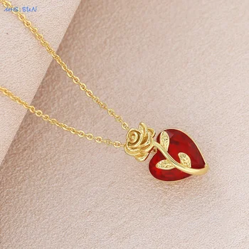 MHS.SUN Romantic Red Sacred Heart Flower Pendant Necklaces Gold Plated Chain Banquet Party Jewelry Gifts For Women Girls