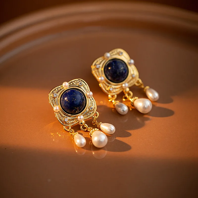 

Vintage pearl earrings women's niche court style personality lapis lazuli blue stone fine eardrop