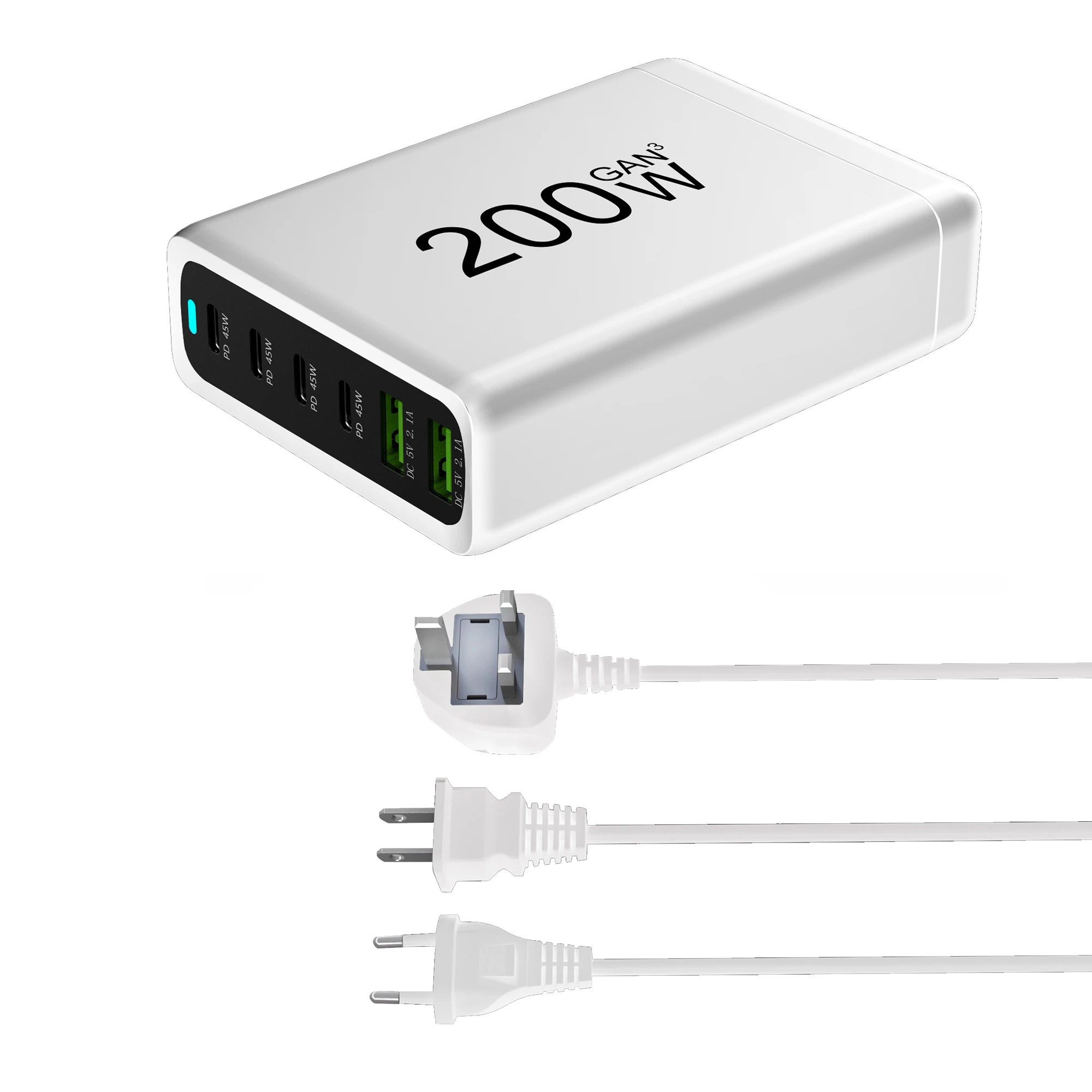 Power Adapter Power Charger 200W USB C Fast Charger GaN 4 in 1 Charging Station 2 USB-C 40W+20W 2 USB Ports 18W+18W For MacBook Laptops iPhone
