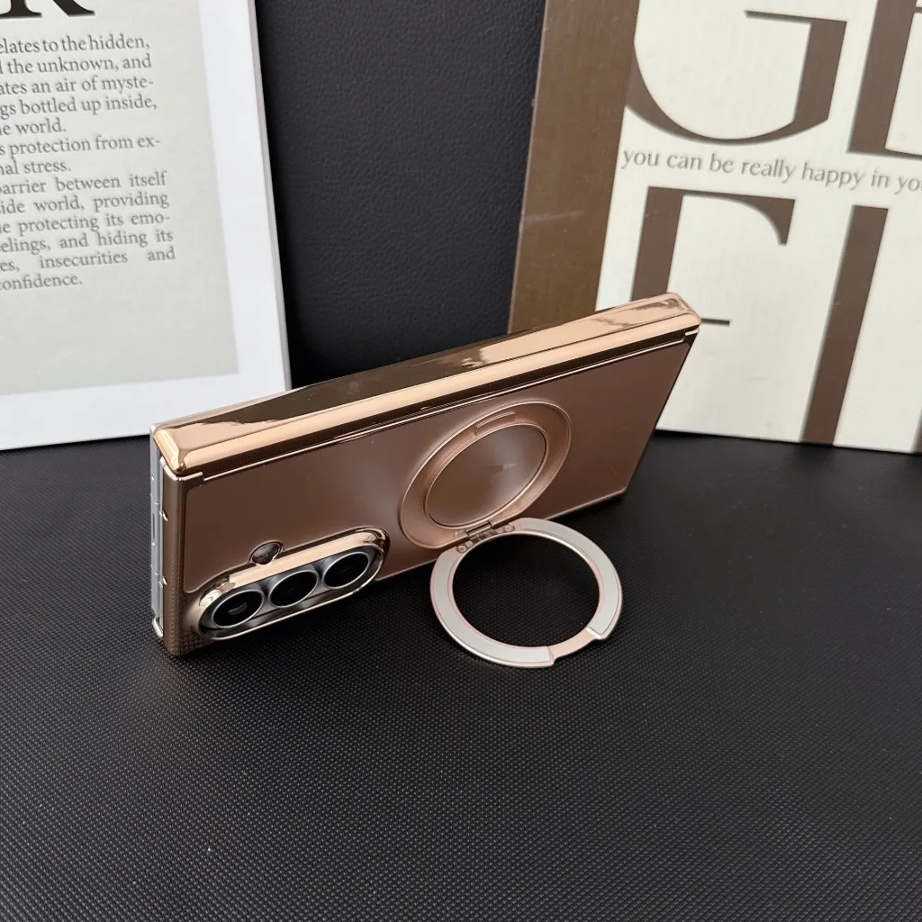 Electroplated TriFold Phone Case with 360° Ring Kickstand and Magnetic Hinge Protection