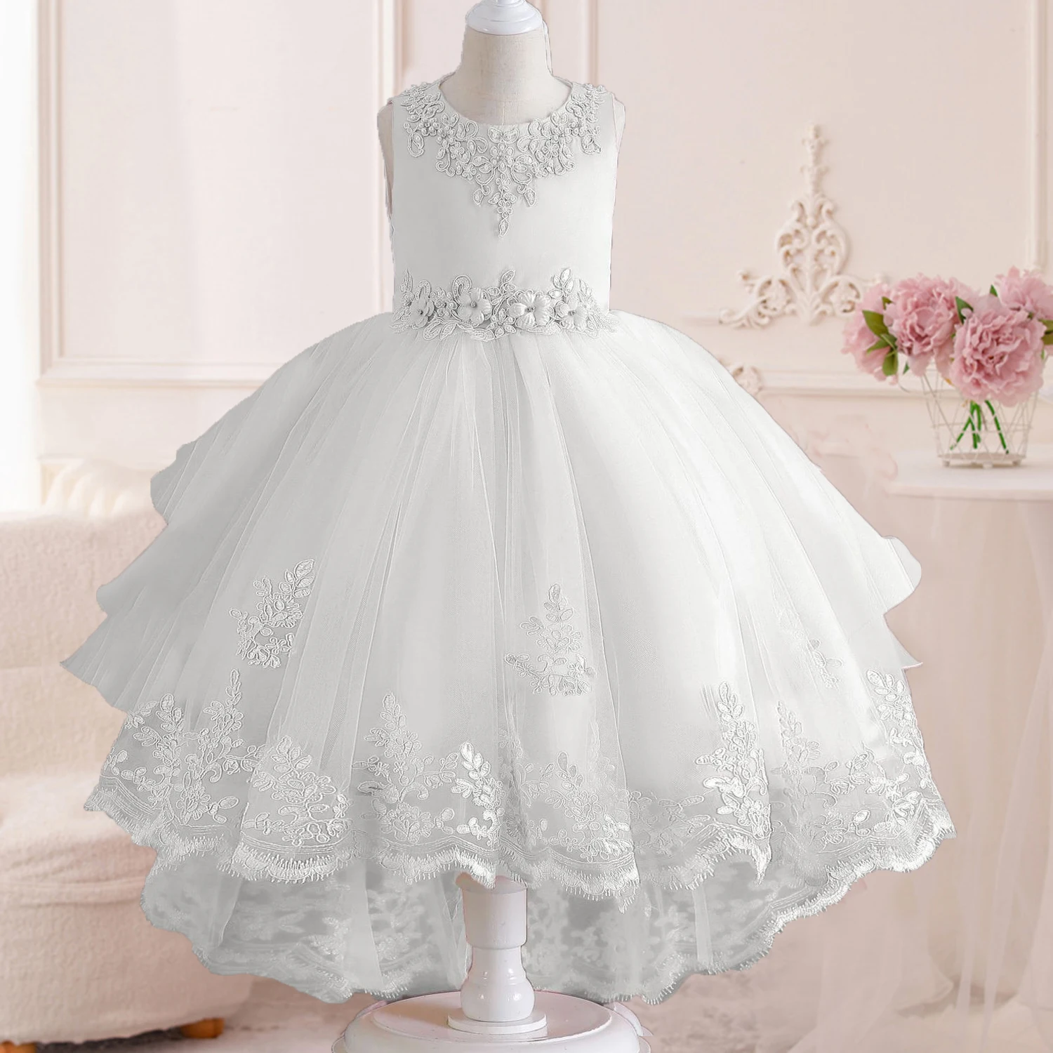 Little Girls Lace Embroidered Flower Girl Dress Birthday Party Pageant Hi-Lo Gown AT122 3