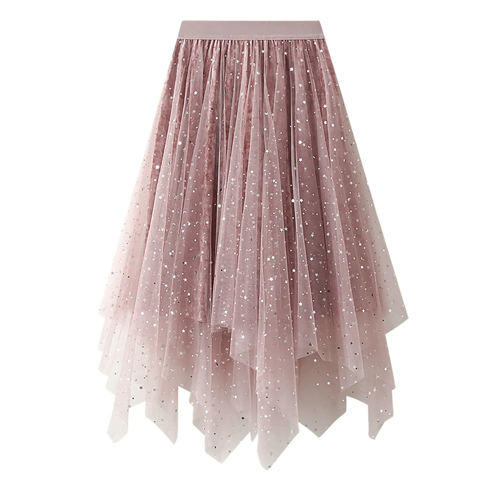 

Glitter Star Sequin Tulle Skirt Women High Waist Mesh Pleated Skirt Spring Elegant Irregular Puffy Long Skirts Party Costume