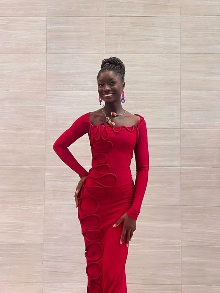 Wmstar Dress Women Wholesale New Pleated Personalized Twisted Rope Decorated Square Neck Long Sleeved Slim Spring Summer 2025