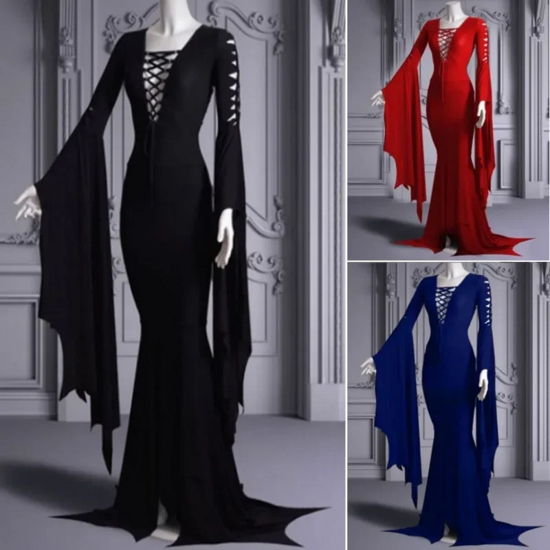 Wednesday Morticia Addams Cosplay Floor Dress Costume Adult Women Punk Gothic Witch Vintage Sexy Lace Up Slim Gown Halloween