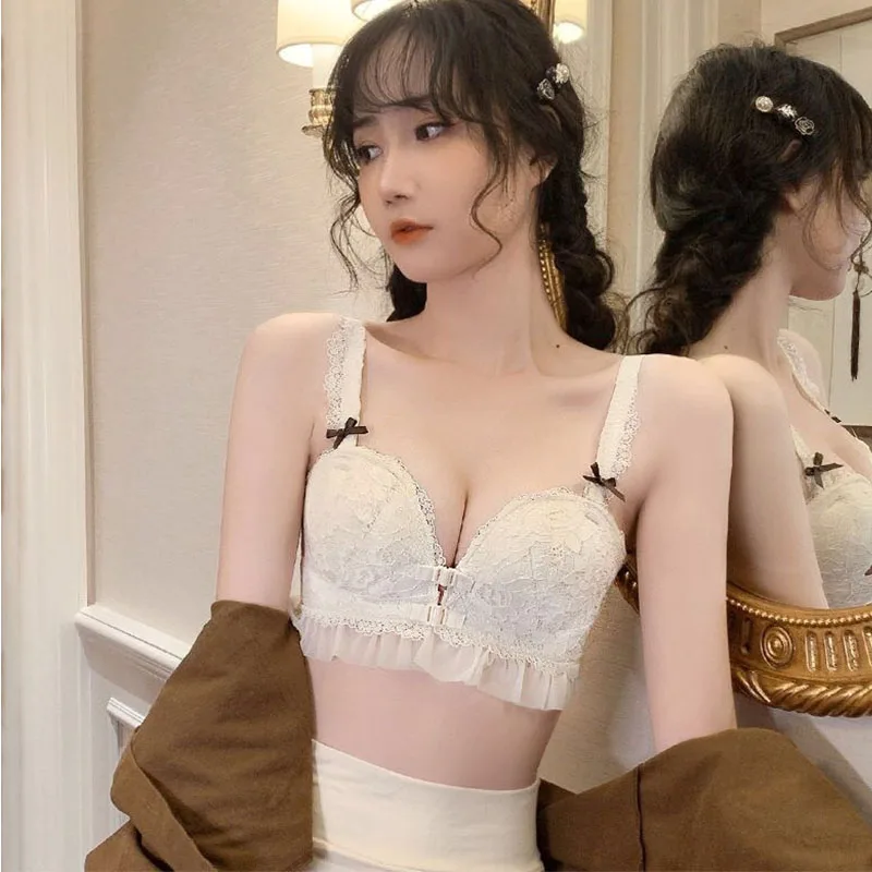 Beige Super Push Up Front Closure Bra for Small Breasts Korean Style High  Quality Women's Bras Wireless Lace Bralettes Mujer