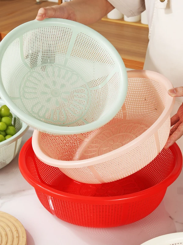 Large Size Plastic Drain Basket Kitchen Vegetable Waing Basket Rice Straining Basket Hollow out Fruit Basket round Sieve
