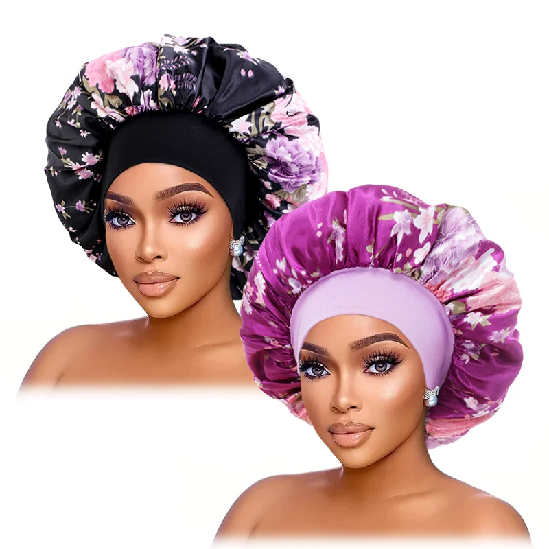 2PCS/LOT Large Satin Printed Wide-Brimmed Nightcap Elastic Head With Round Hat Women Multicolor Fashion Beauty And Hair Care Cap 2pcs boat stainless steel deck closet 65mm door round hinge with lid cabin hinge marine caravan rv hardware