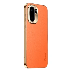Elegant Luxury PU Leather Phone Case with Alloy Lens Frame & Electroplated Shockproof Back Cover for OnePlus 15R (Orange)