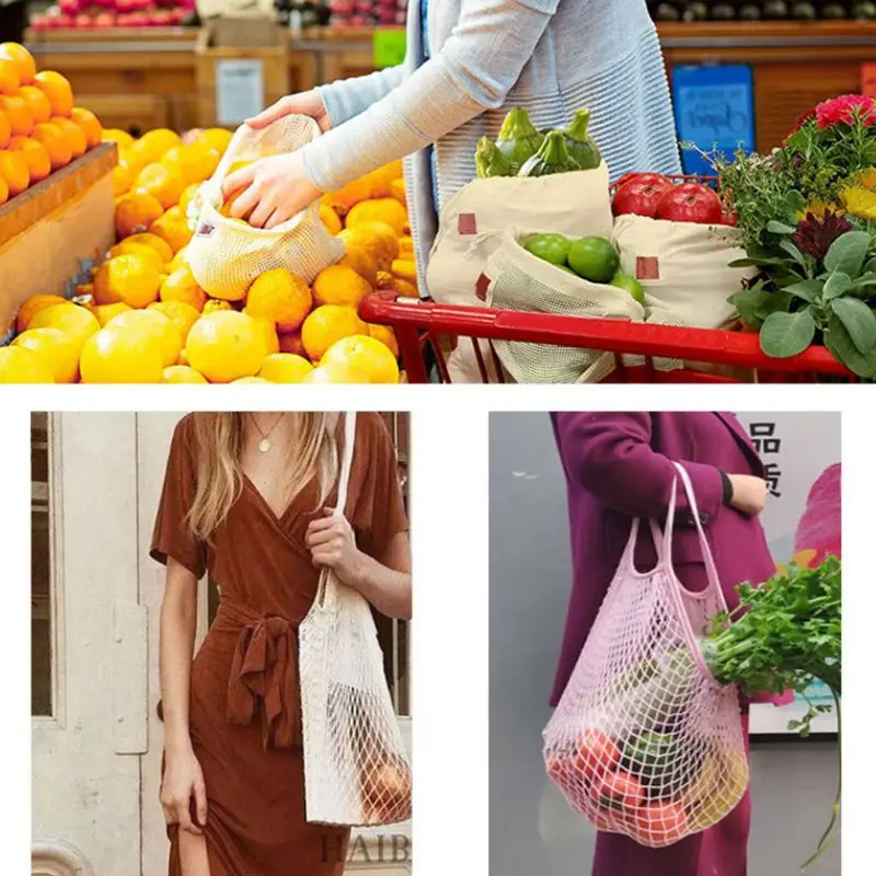 5Pcs Cotton String Shopping Bags Reusable Washable Fruit Vegetable Storage Mesh Bags Grocery Shopping Net Bags