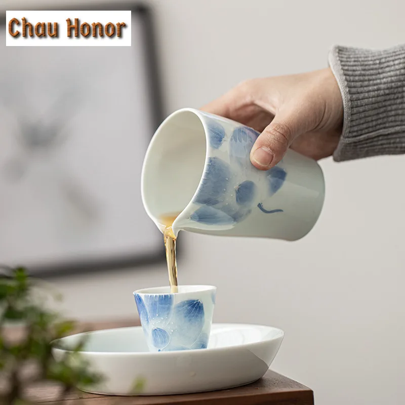255ml Jade Mud Misty Blue Ceramic Fair Cup Engrave Lotus Art Public Cup Jade Porcelain Divide Chahai Household Kung Fu Teaware