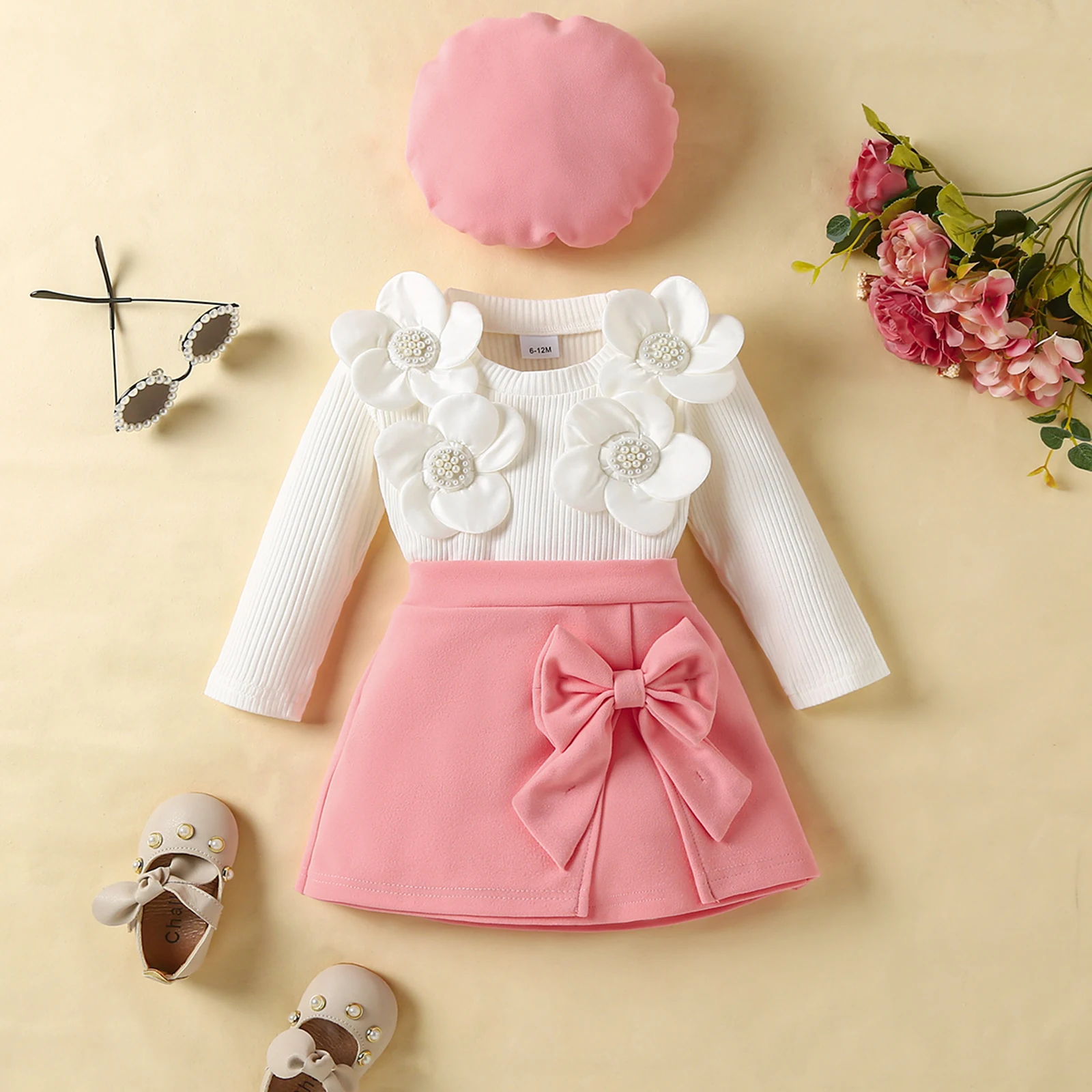 FOCUSNORM 0-4Y Mode Kleine Kinder Mädchen Herbst Kleidung Sets Outfits Langarm 3D Blumen Dekor Gerippte Tops A-linie Rock Baskenmütze