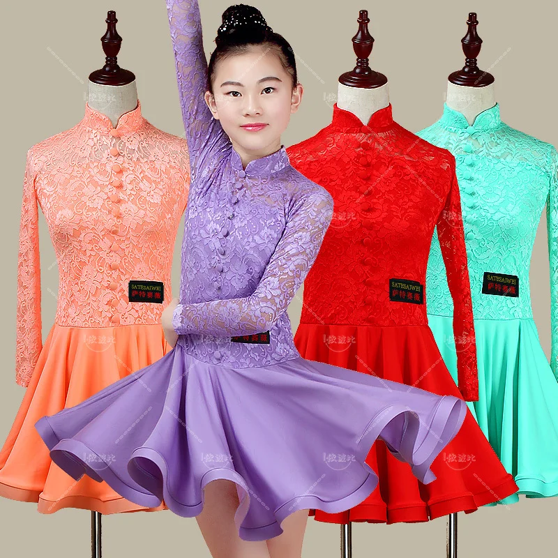 

Girls Lace Latin dancing dress Kids Ballroom Salsa Dance wear Outfits Children's Party Stage wear costumes Long/short sleeve
