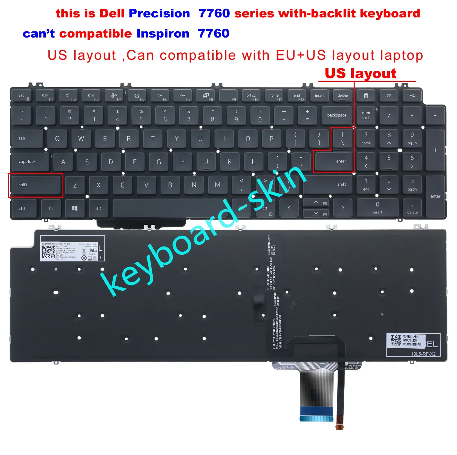 

New with-Backlit No-frame US Keyboard for Dell Precision 7760 series laptop