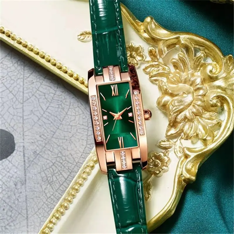 Womens Watch Fashion Square Ladies Quartz Watch Bracelet Set Green Dial Simple Leather