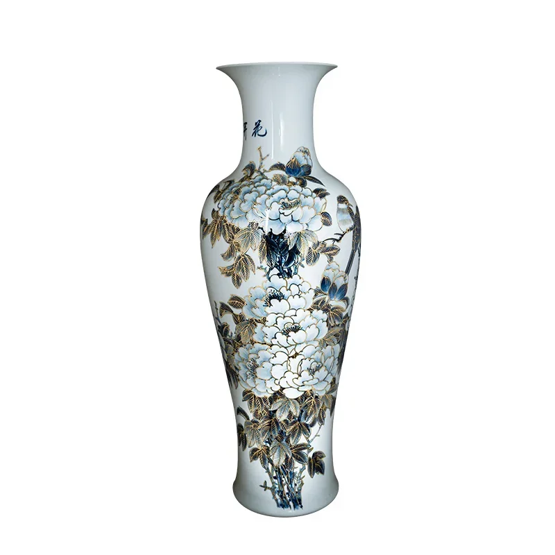 

Jingdezhen Ceramic Floor Vase Hand Painted Blue and White Gold-Painted Porcelain Bottle Living Room Entrance