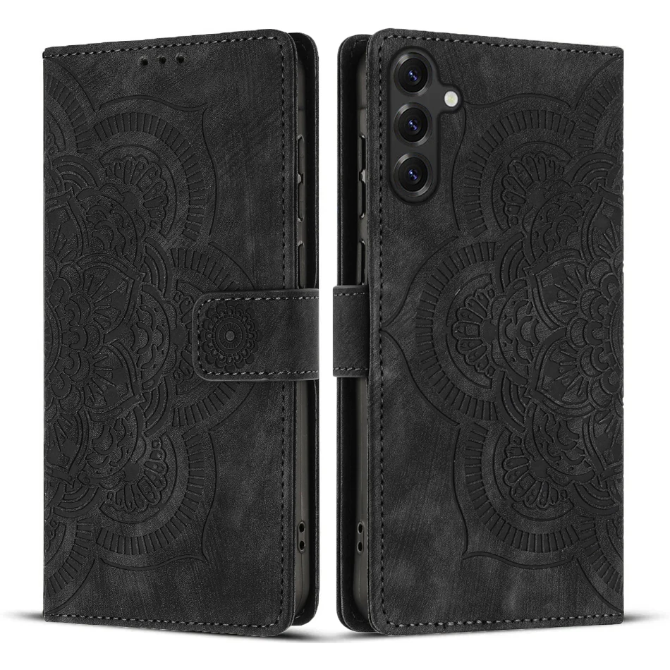 Mandala Flower Leather Wallet Flip Case with Phone Stand and Book Cover Design