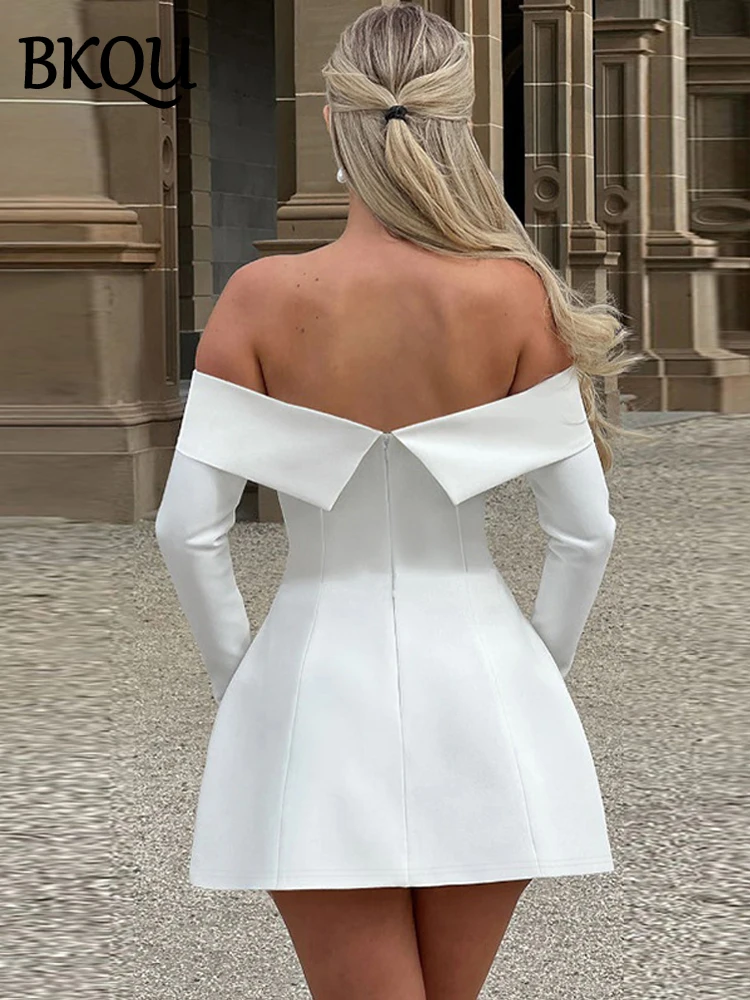 BKQU Elegant Off Shoulder Long Sleeve Mini Dress Women Sexy Strapless  Backless Slim A-Line Short Dress Lady Chic Party Vestidos