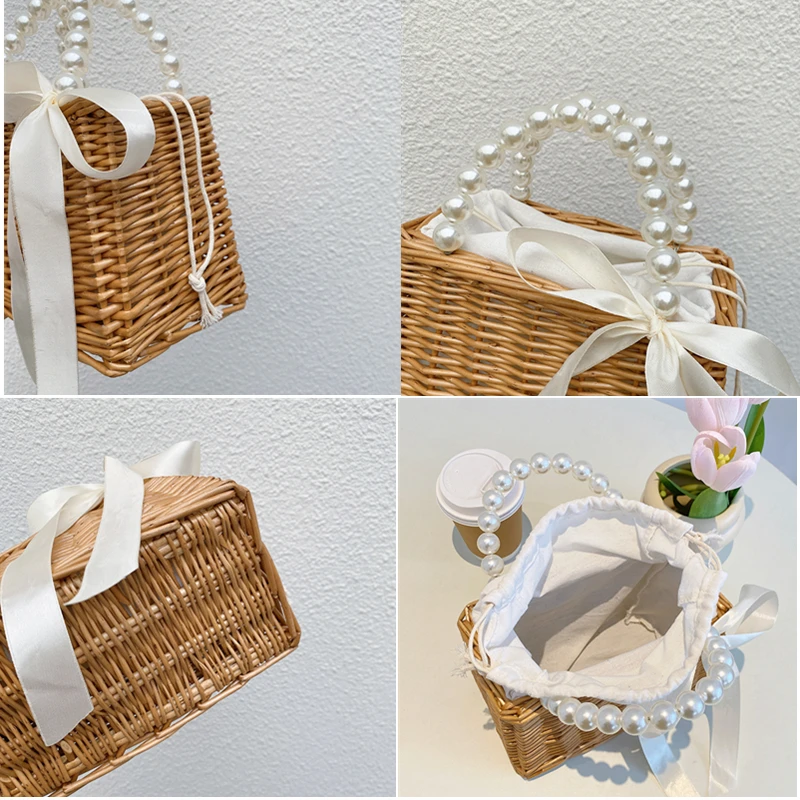 High Quality Handmade Rattan Woven Bag Handbag Pearl Handle Design Women Hollow Out Beach Bag Summer Vacation Female Straw Bag