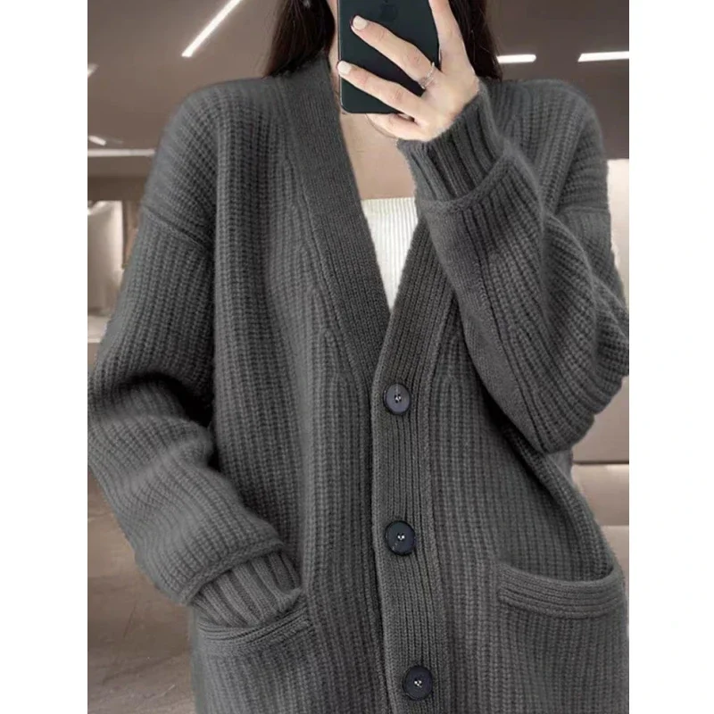 New V-neck Cardigan Women's Sweater Loose Long Sleeved Casual Knitted Fashionable Office Solid Color Pocket Jacket