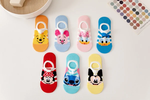 winter socks for women 7 Pairs Disney Women Socks Cartoon Mickey Minnie Winnie Daisy Stitch Summer slipper Socks Non-slip silicone invisible Ankle Sock warm socks for women