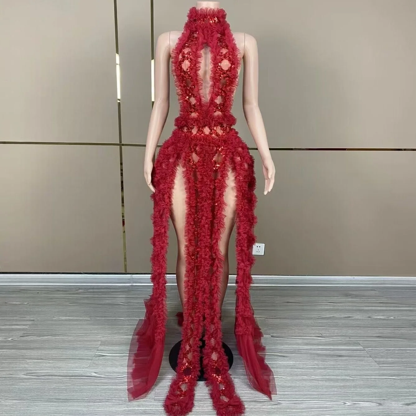 Red Mesh Sequins Sexy Hollowed-Out Halter See-Through Dress Evening Party Prom Nightclub Singer Performance Costume Stage Wear